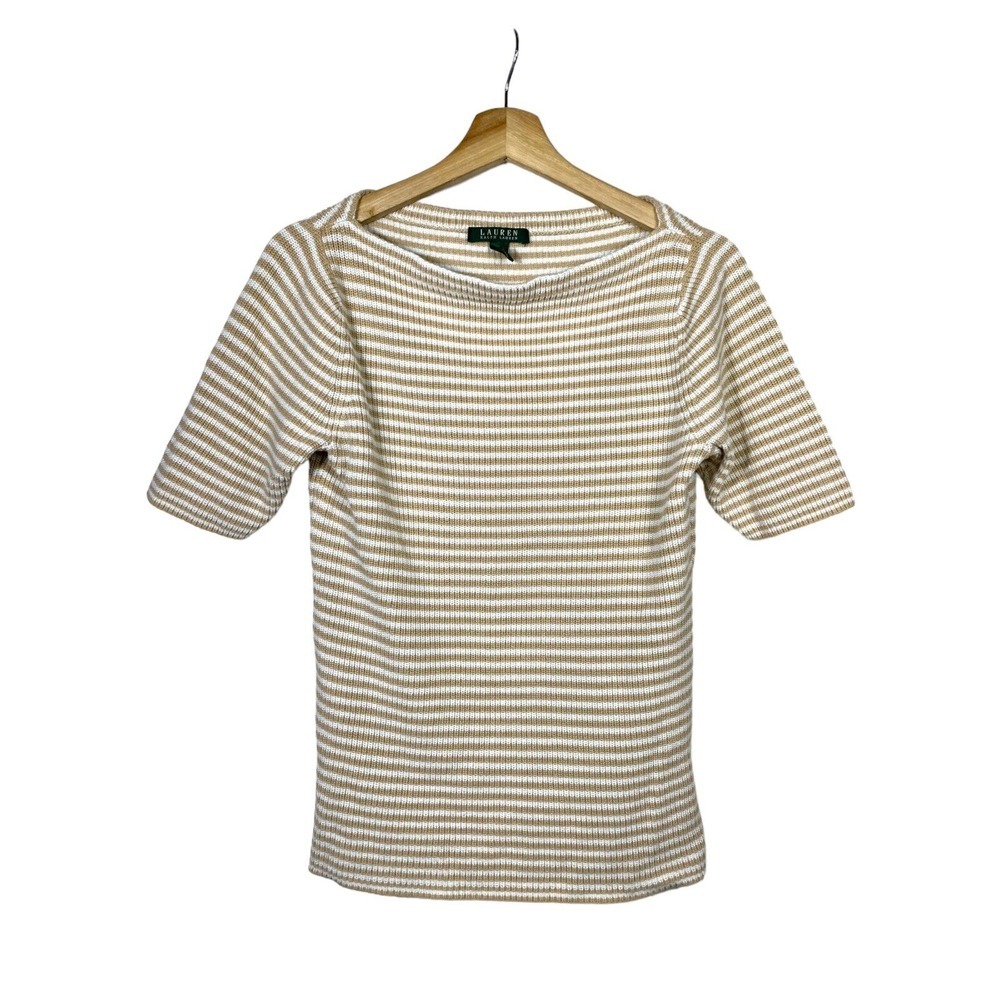 Lauren Ralph Lauren Short Sleeve Rib Knit Top L Yellow White Stripe Preppy - Picture 1 of 4